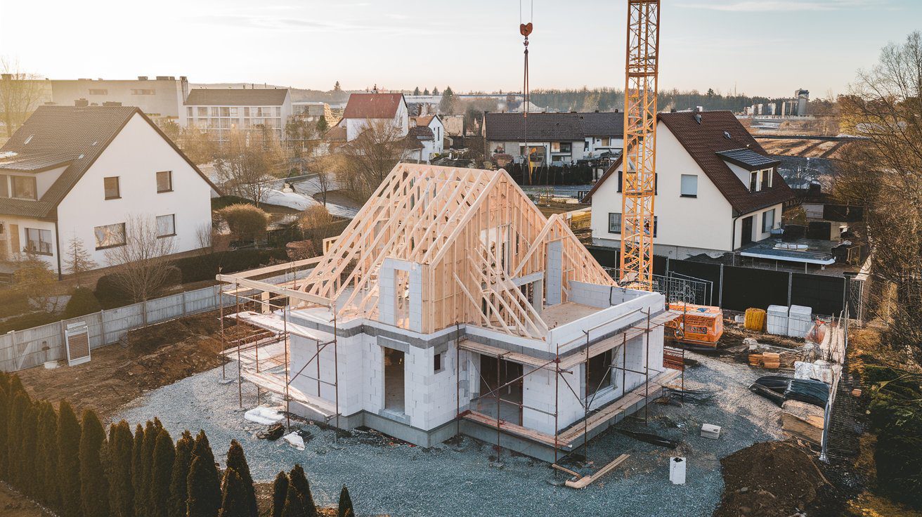 Baustelle an einem Haus in der Nachbarschaft einer deutschen Vorstadt