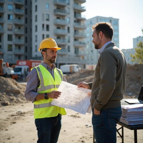Bauleiter und Architekt diskutieren auf Baustelle in Hamburg, umgeben von Baufahrzeugen und rechtlichen Dokumenten.
