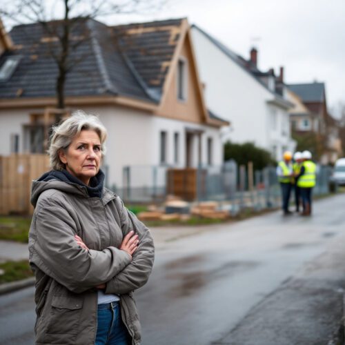 Frauen steht besorgt vor Baustelle, während Bauarbeiter mit Kollegen diskutieren; Wohngebiet in Ansbach, Bayern.