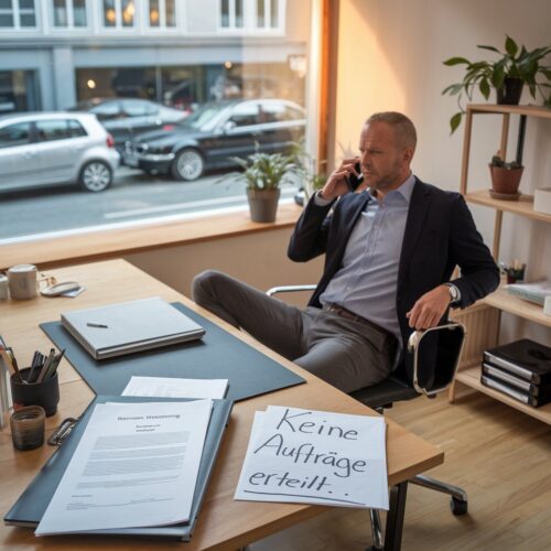 Frustrierter Mann in einem Büro mit Holzschreibtisch, der am Telefon sitzt; Dokumente mit "Rahmenvereinbarung" und "Keine Aufträge erteilt."