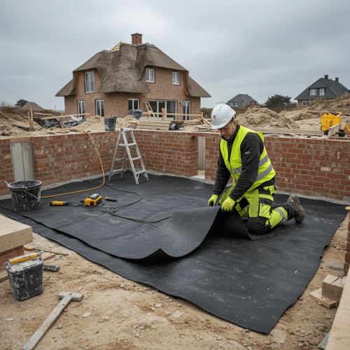 Bauarbeiter installiert fehlerhaft die Abdichtung im Kellergeschoss eines Luxushauses auf Sylt.