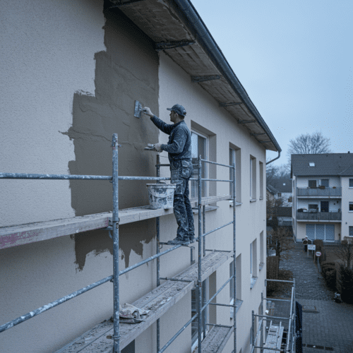 Arbeiter auf Gerüst trägt Putz an die Fassade eines Supermarkts mit Wohnungen.