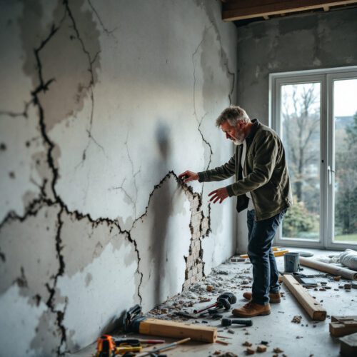 Frustrierter Hausbesitzer inspiziert Risse an der Wand in unvollendeter Bauwohnung. Tageslicht betont strukturelle Mängel.