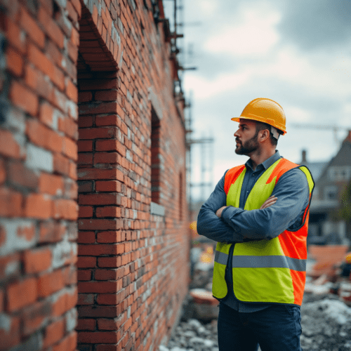 Konflikt an einer Baustelle: Bauarbeiter fordert mehr Geld, Kunde mit verschränkten Armen lehnt ab.