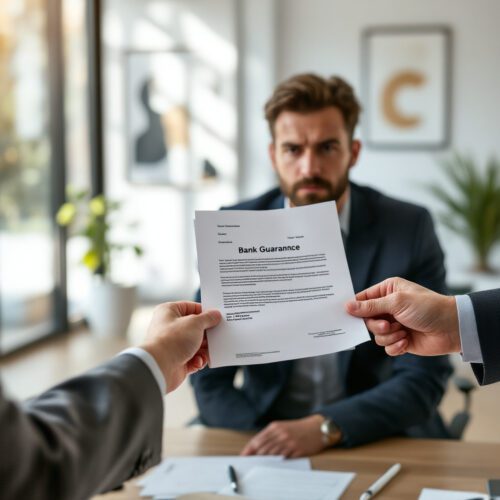 Bankgarantie wird zwischen einem Kunden und einem Bauunternehmer in einem modernen Büro übergeben.