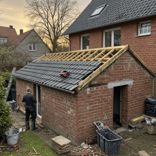 Fehlerhafte Kellerdecke eines deutschen Hauses, bewertet von einem Bauunternehmer in Arbeitskleidung.