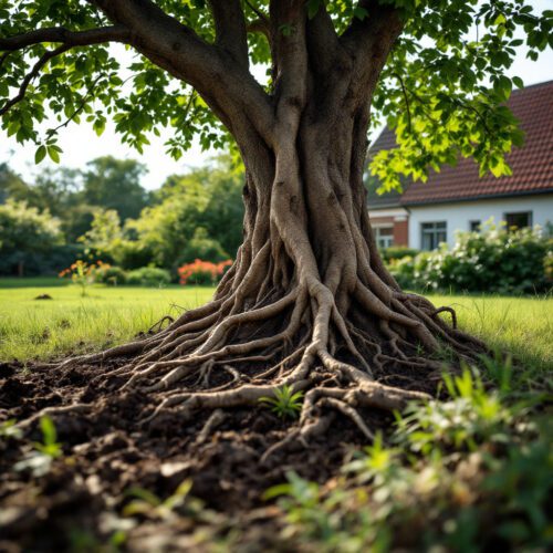 Wurzel eines Stadtbaums durchdringt private Gartenfläche, beschädigt Rasen und Erde, idyllische Umgebung.