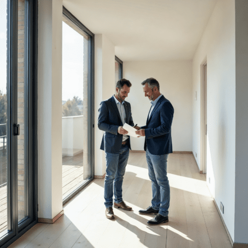 Immobilienkauf: Übergabeprotokoll-Unterzeichnung im Neubau. Bauträger übergibt Protokoll an Käufer. Fokus: Abnahme, Bauvertrag, Käuferrechte.