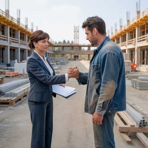 Frau übergibt Bauunternehmer auf Baustelle einen Umschlag während Baustellenumfeld 