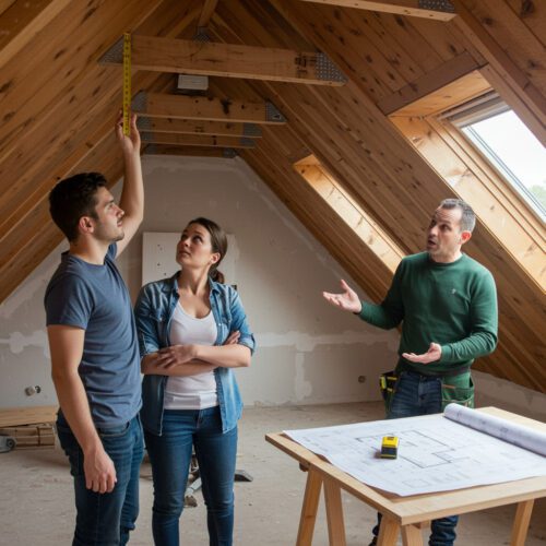 Junges Ehepaar bei Bauabnahme im neuen Haus, Bauunternehmer erklärt, Deckenhöhe messen