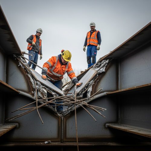 Bauarbeiter begutachten beschädigte Stahlträger als unvorhersehbare Mehrleistung im Brückenbau für Bauzeitverlängerung Ingenieurbüro.