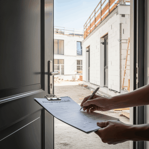 Tabletür und Formular auf Baustelle symbolisieren Rückzahlung Schlussrate bei Bauträger nach Abnahme.