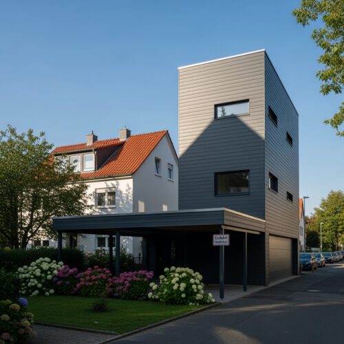 Die enge Nachbarschaft eines modernen Neubaus und eines traditionellen Wohnhauses versinnbildlicht den erbitterten Rechtsstreit um eine grenzständige Baugenehmigung und Abstandsflächen im Nachbarrecht.