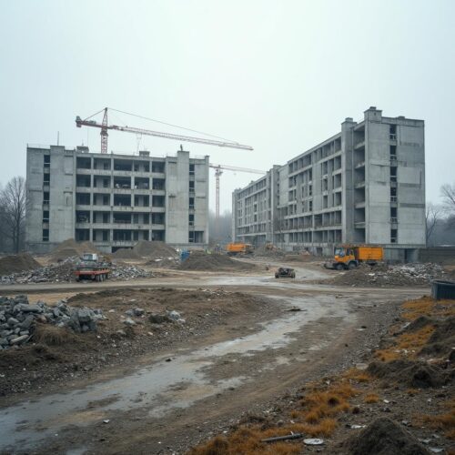 Auf einer trüben Baustelle harren unfertige Betongebäude unter roten Kränen und gelben Baufahrzeugen aus, während der Bauvertrag gekündigt wurde und eine Bauhandwerker-Sicherungshypothek für nicht erbrachte Leistungen droht.