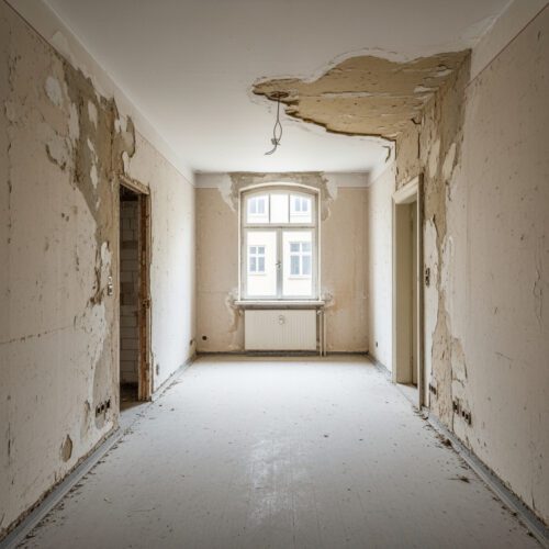 Ein renovierungsbedürftiger Raum mit sichtbaren Putz- und Dämmschäden symbolisiert das mangelhafte Werk, wegen dem ein Immobilienbesitzer erfolglos Schadensersatz für entgangene Mieteinnahmen forderte, während er den Werklohnanspruch trotz Mängelbeseitigung zahlen muss.