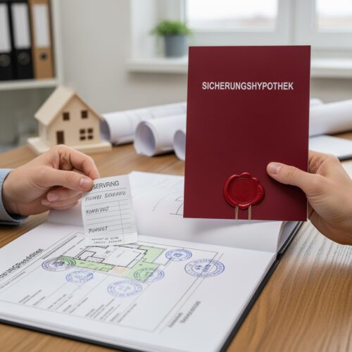 Ein Bauunternehmer fordert Sicherheit. Er präsentiert die Sicherungshypothek und prüft Belege am Bauplan des Bestellers.