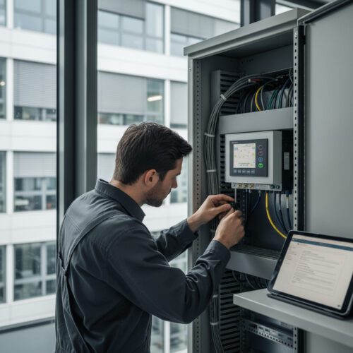 Ein Monteur installiert die Sonnenschutzsteuerung. Via Tablet prüft er den Bauvertrag zur Bauhandwerkersicherungsleistung.