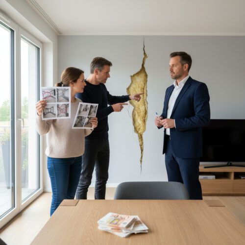 Eine Immobilienkäuferin und ihr Anwalt dokumentieren mit einem Gutachter gravierende Baumängel, um ihr Kaufpreis-Zurückbehaltungsrecht geltend zu machen.