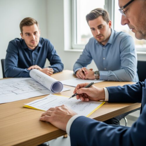 WEG-Vertreter beraten den Anwalt zu Balkonmängeln. Er dokumentiert Kostenvorschuss-Ansprüche, prüft Baupläne und unwirksame Abnahme.