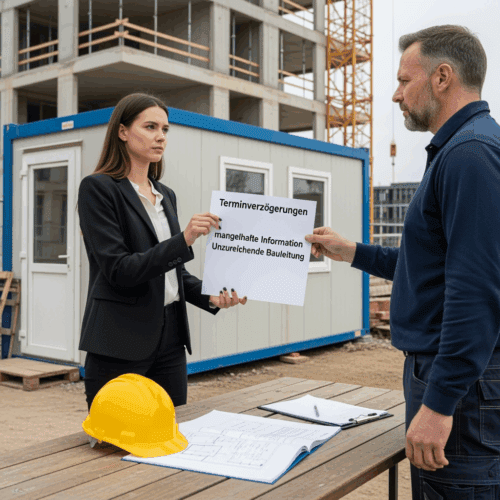 Eine Bauherrin übergibt dem Ingenieur auf der Baustelle die Gründe für die beabsichtigte Kündigung des Ingenieurvertrags wegen Mängeln und Verzögerungen.