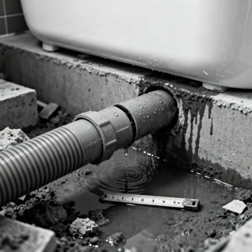 Ein deutlicher Spalt in der Steckverbindung grauer Abwasserrohre lässt Schmutzwasser austreten.