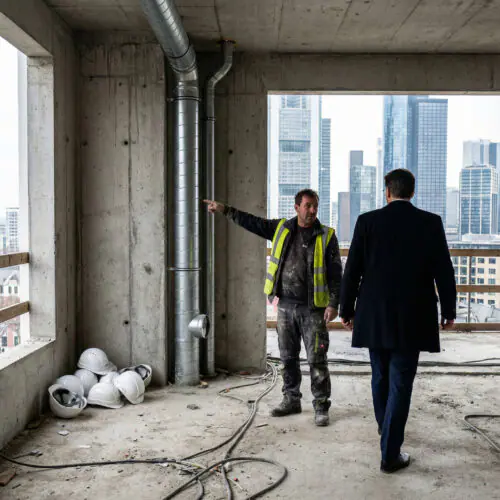 Bauunternehmer deutet auf massive Lüftungsrohre an einer Betonwand, während ein eleganter Mann sich abweisend abwendet.