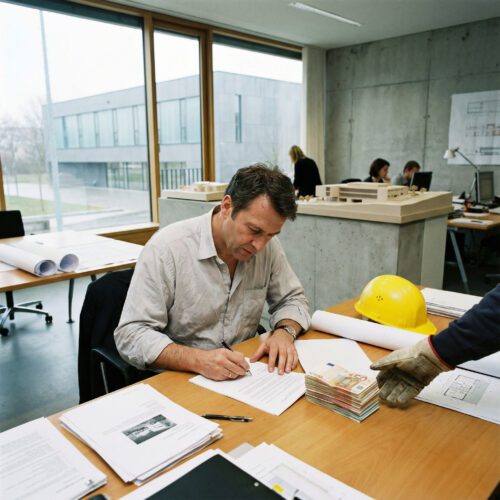 Architektenhand unterschreibt flüchtig ein Papier neben einem dicken Geldbündel, nach dem eine Arbeiterhand greift.