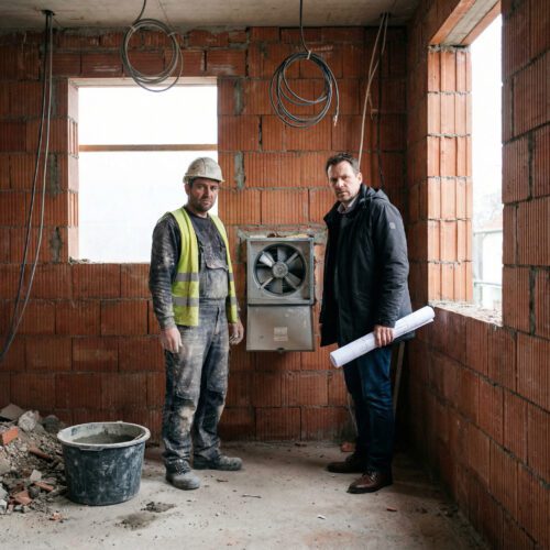 Handwerker zeigt skeptisch auf ein kleines Lüftungsgerät in einer Ziegelwand neben einem Planer mit Bauplänen.