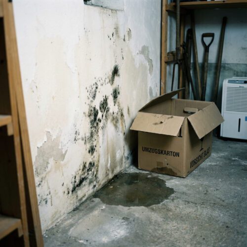 Schwarzer Schimmel und Feuchtigkeitsflecken kriechen klamm von einer Wasserlache die verputzte Kellerwand hinauf.