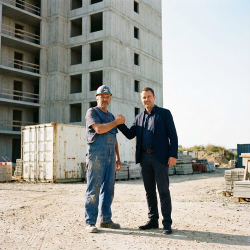 Fachmann in Arbeitskleidung und Geschäftsmann im Sakko geben sich vor einem sonnigen Rohbau fest die Hand.