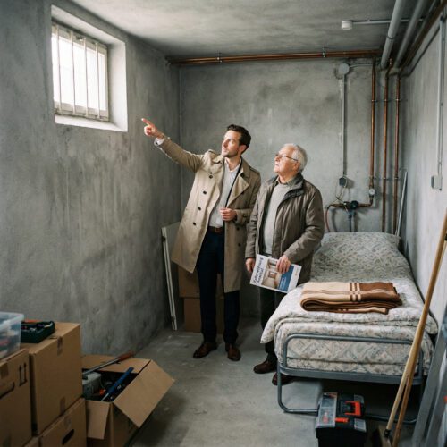 Makler deutet in kühlem Kellerraum neben einem Paar und einem gemachten Bett auf ein kleines, hochgelegenes Gitterfenster.