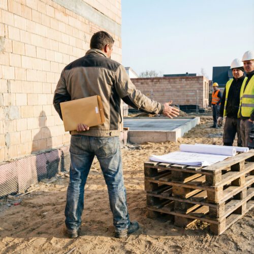 Ein Mann hält einen prallen Umschlag fest hinter seinem Rücken und zeigt abwehrend auf das Fundament eines Rohbaus.