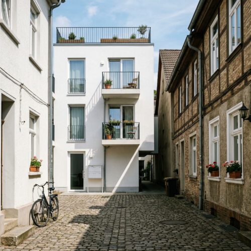 Schmale, beklemmend verschattete Lücke zwischen einer hohen modernen Neubauwand und einem älteren Wohnhaus.