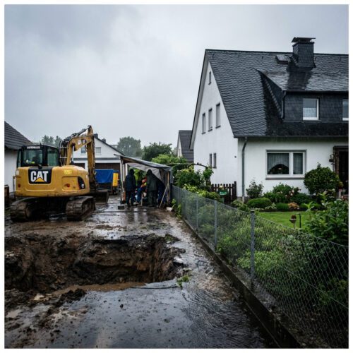 Regenwasser staut sich bedrohlich an der Grenze einer schlammigen Baustelle und fließt in den Nachbargarten.