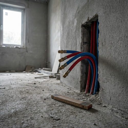 Rot und blau isolierte Wasserrohre ragen unverbunden aus einer nackten Betonwand in einem kargen Rohbau.