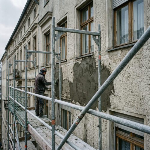 Frische, dunkle Putzausbesserungen auf verwitterter Hausfassade hinter einem klammen, leicht vereisten Metallgerüst.