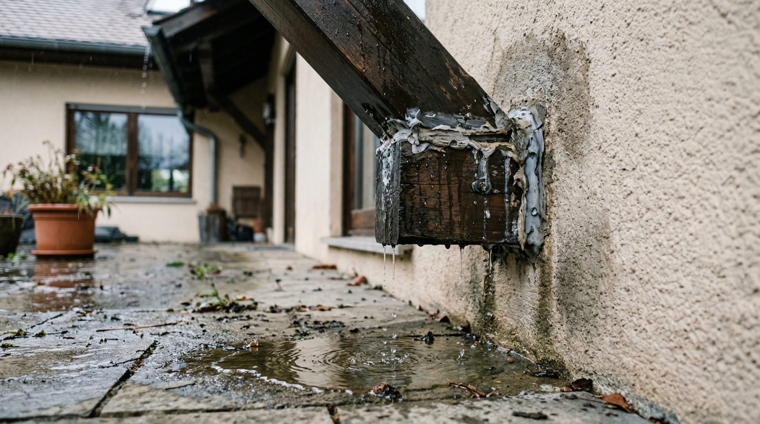 Regenwasser dringt durch eine unsaubere Silikonfuge zwischen Hauswand und Holzdach ein und tropft sichtbar herab.