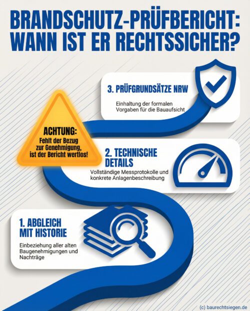 Infografik: Drei Schritte zum rechtssicheren Brandschutz-Prüfbericht mit Fokus auf Historie und Messprotokolle.