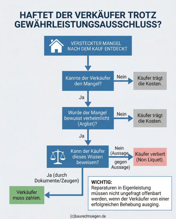 Infografik als Entscheidungsbaum: Wann ein Immobilienverkäufer trotz Gewährleistungsausschluss für Mängel haftet. Der Weg führt über die Kenntnis des Mangels, das bewusste Verheimlichen (Arglist) bis hin zur entscheidenden Beweislast des Käufers vor Gericht.