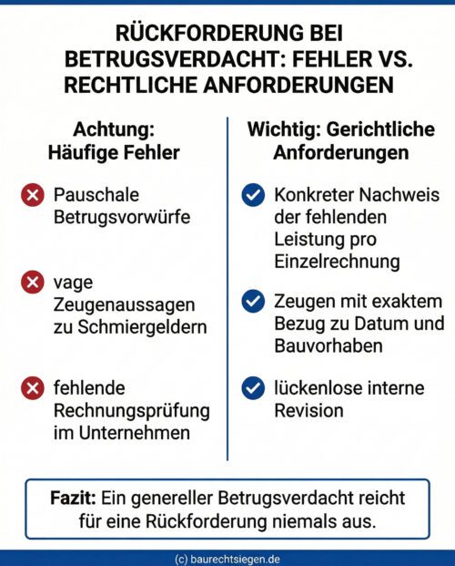 Infografik: Gegenüberstellung der häufigen Fehler und der strengen gerichtlichen Anforderungen bei der Rückforderung angeblich fingierter Rechnungen.