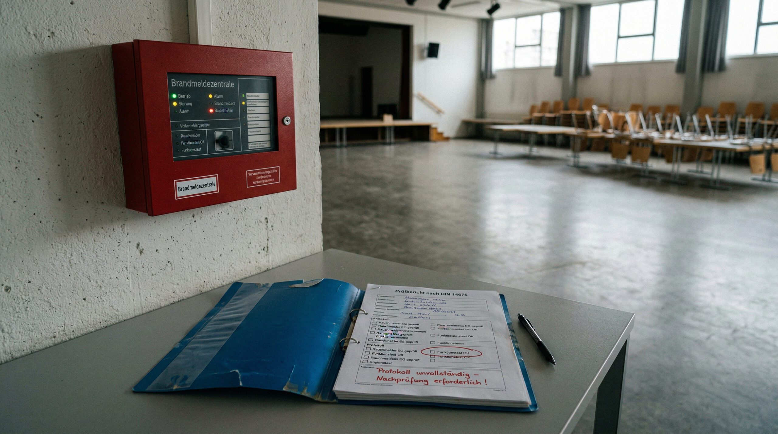 Rote Brandmeldezentrale an einer Wand neben einem geöffneten Prüfbericht in einem leeren, großen Gastraum.