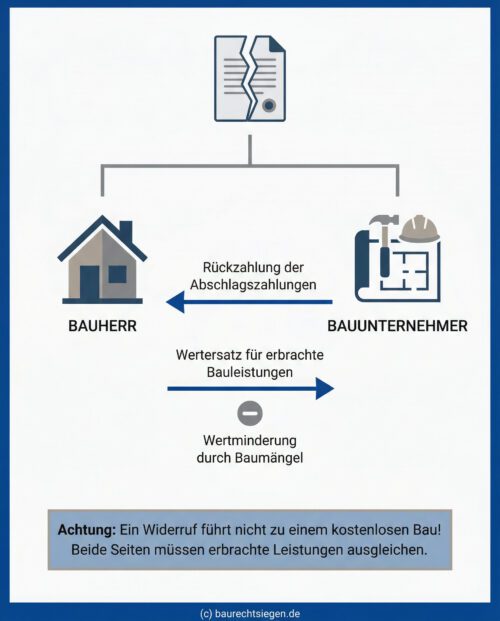 Infografik zur finanziellen Rückabwicklung eines Bauvertrags nach dem Widerruf. Dargestellt ist das Zug-um-Zug-Prinzip: Der Bauherr erhält seine Abschlagszahlungen zurück, muss dem Unternehmer jedoch im Gegenzug Wertersatz für die bereits erbrachten Bauleistungen leisten. Mängel mindern diesen Wertersatz.
