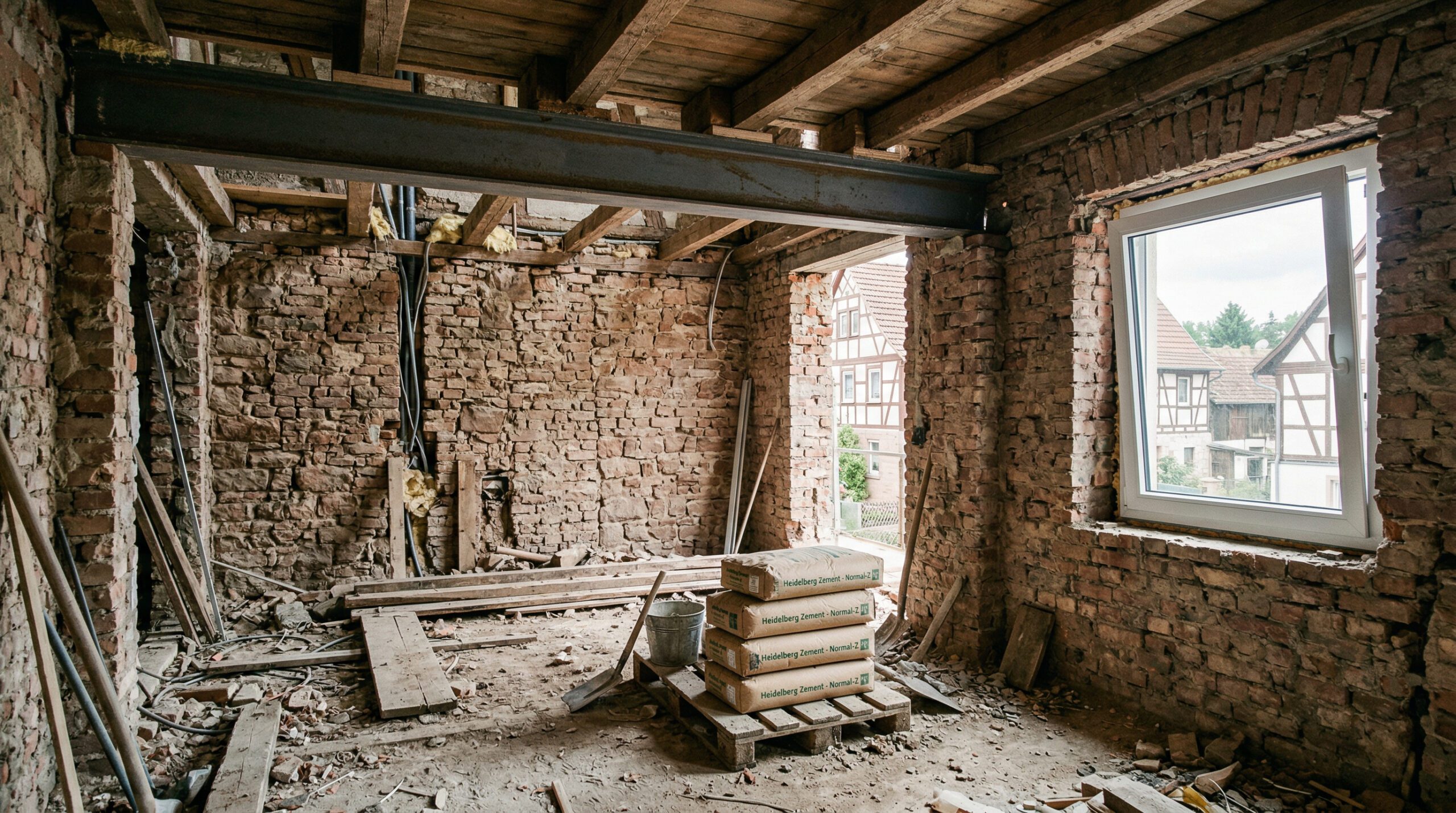 Ein massiver Stahlträger stützt die Decke im entkernten, verwaisten Rohbau eines Wohnhauses mit nacktem Mauerwerk.