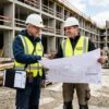 ablehnung-sachverstaendiger-befangenheit Ein Gutachter und ein Bauleiter besprechen vertraut einen Bauplan auf einer Baustelle in München.