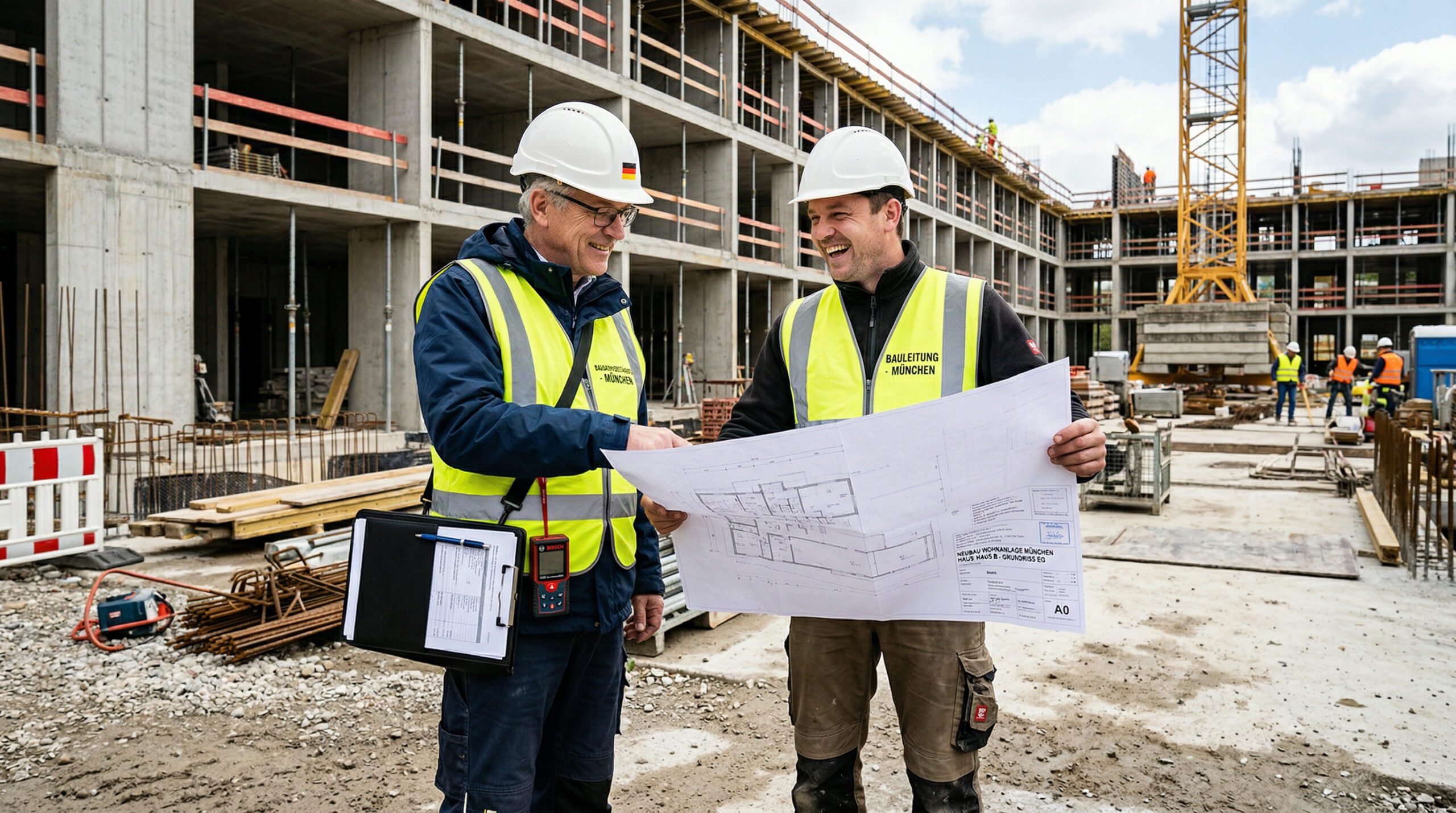 Ein Gutachter und ein Bauleiter besprechen vertraut einen Bauplan auf einer Baustelle in München.