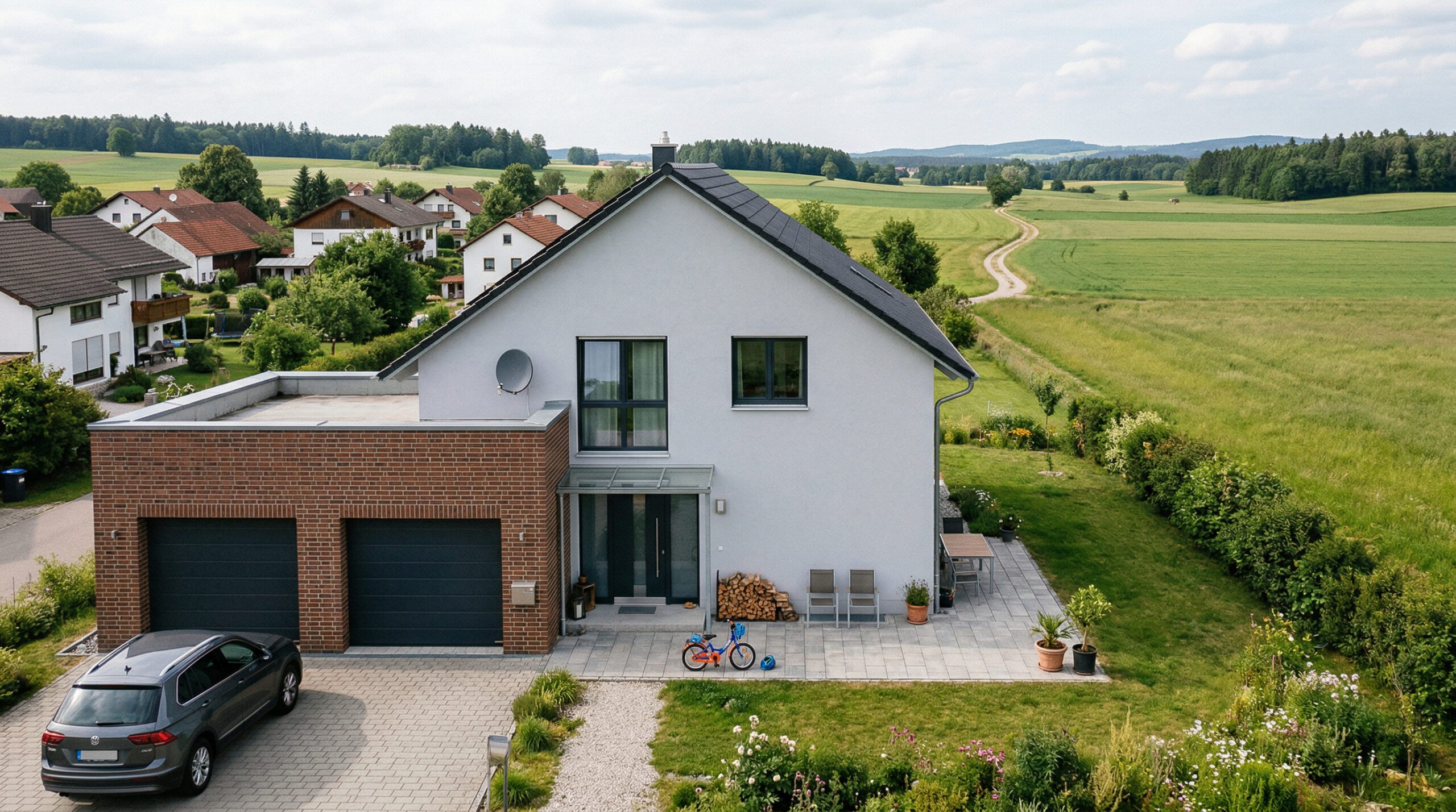 Bewohntes Einfamilienhaus mit hoher Wand und massiver Garage am Rand einer grünen Wiese im Außenbereich.