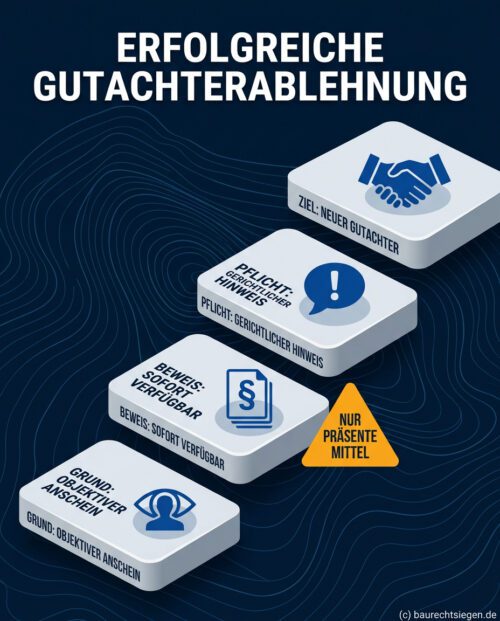 Infografik: 4 Schritte zur Gutachterablehnung – vom objektiven Anschein über präsente Beweise bis zum personellen Neuanfang.