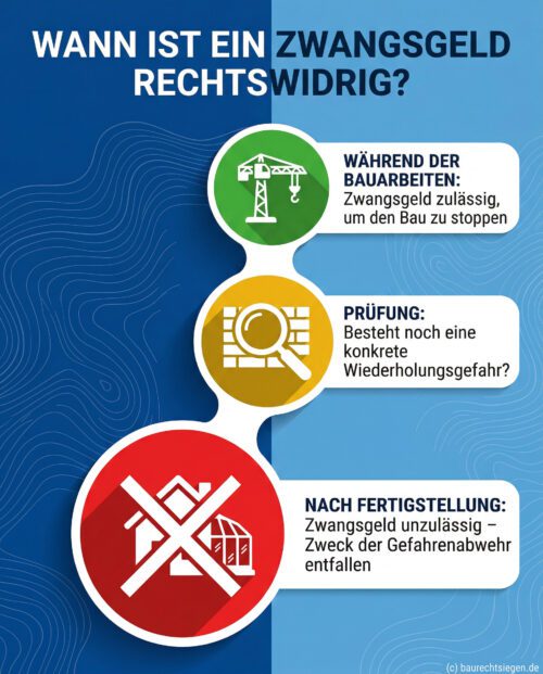 Infografik: Wann Zwangsgeld rechtswidrig ist. Grün: Während Bau zulässig. Rot: Nach Fertigstellung unzulässig.
