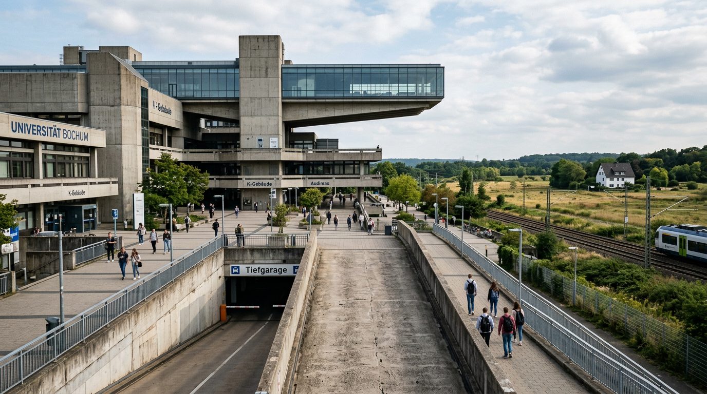 Modernes Hochschulgebäude mit Glas-Skybar und steiler Tiefgaragenrampe, im fernen Hintergrund ein kleines Wohnhaus.