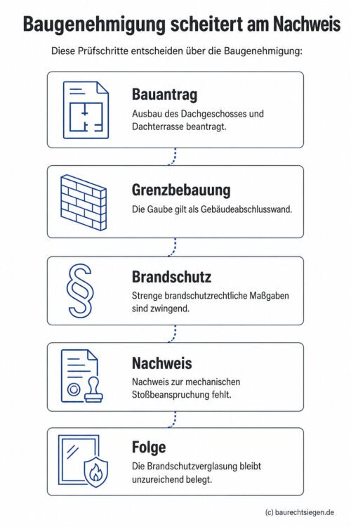 Infografik: Prozess zur Baugenehmigung für eine Dachgaube – fünf Schritte von Bauantrag, Grenzbebauung, Brandschutz, fehlendem Nachweis bis zur Folge, dass die Genehmigung an der unzureichend belegten Brandschutzverglasung scheitert.